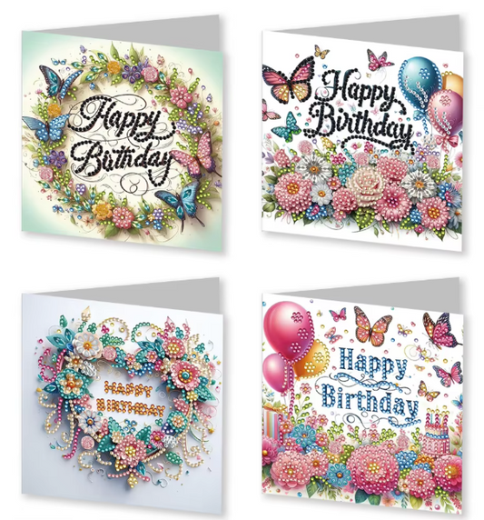 Edles 4er-Set "Happy Birthday" - Diamond Painting Karten
