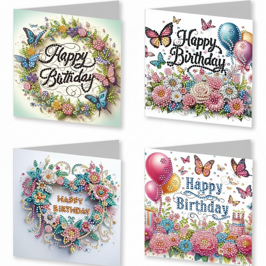 Diamond Painting Geburtstagskarten mit Blumen-, Schmetterlings- und Ballonmotiven