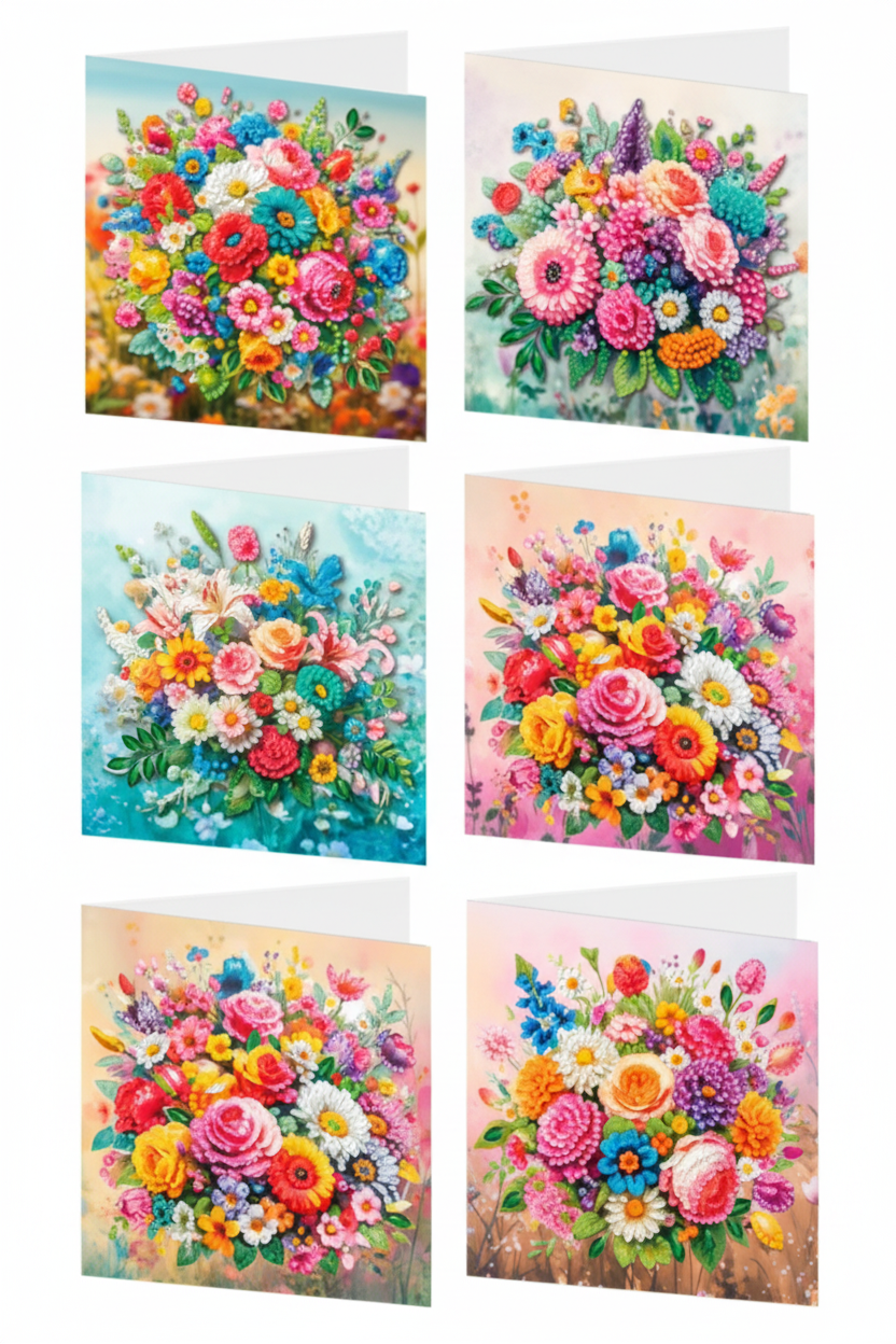 6er Set Diamond Painting Grußkarten mit farbenfrohen Blumenmotiven