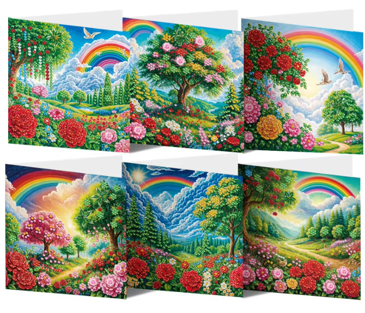 6er Set Diamond Painting Grußkarten mit Regenbogen- und Landschaftsmotiven