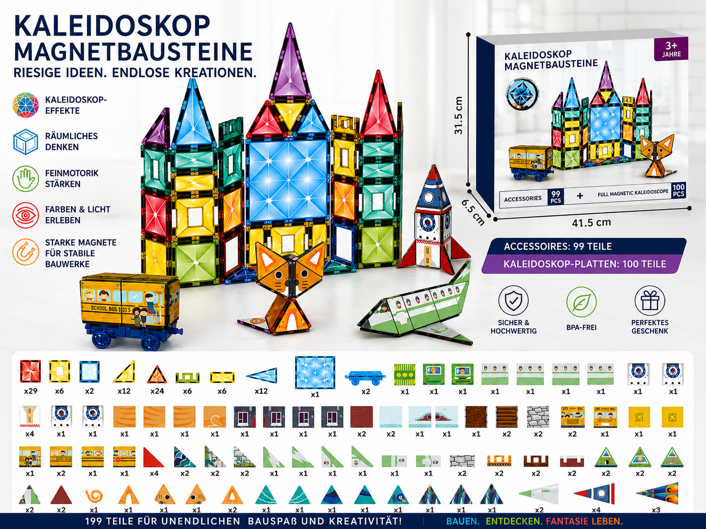 Lieferumfang des 199-teiligen Kaleidoskop Magnetbausteine Sets mit Magnetplatten, Zubehör und Bauideen.