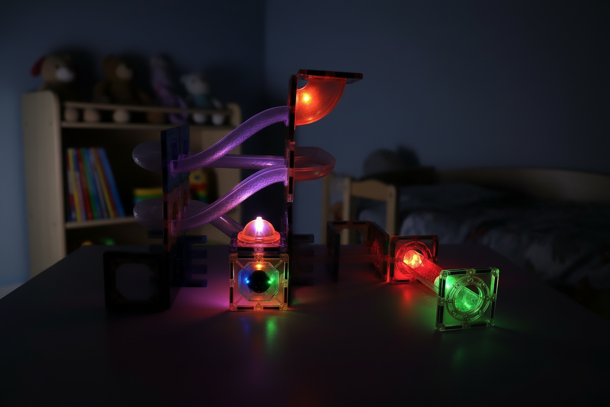 Leuchtende Magnetbausteine mit LED-Kugelbahn für kreatives Bauen und Experimentieren.