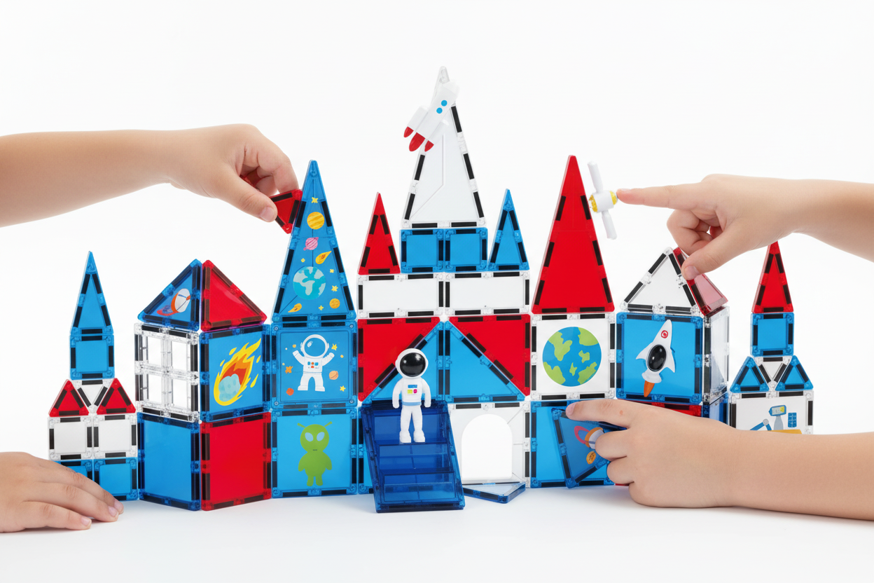 MagneticGalaxy Weltraum-Set mit Raketen, Raumstation und Astronaut beim kreativen Bauen und Spielen.