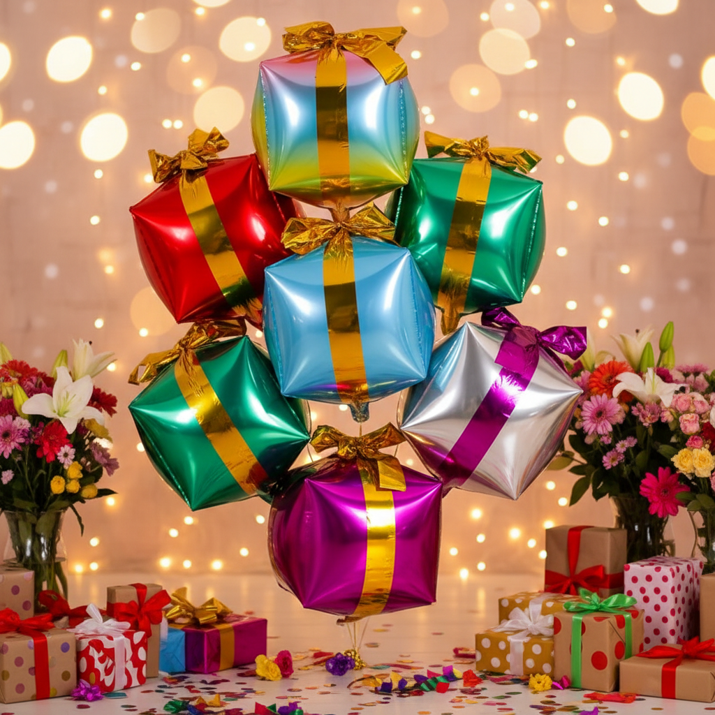 Geschenke-Ballons alle Farben in festlicher Party-Szene