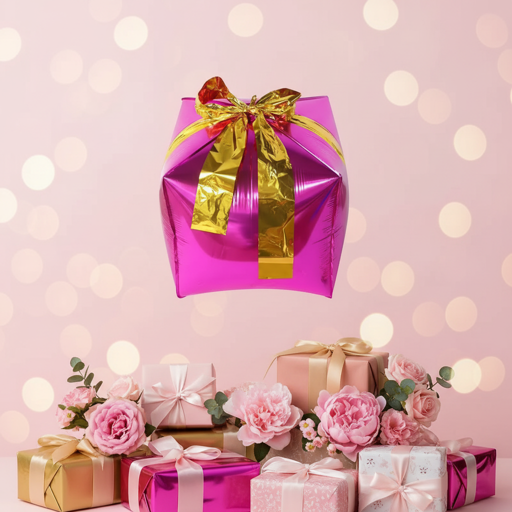 Geschenke-Ballon Fuchsia mit Goldband
