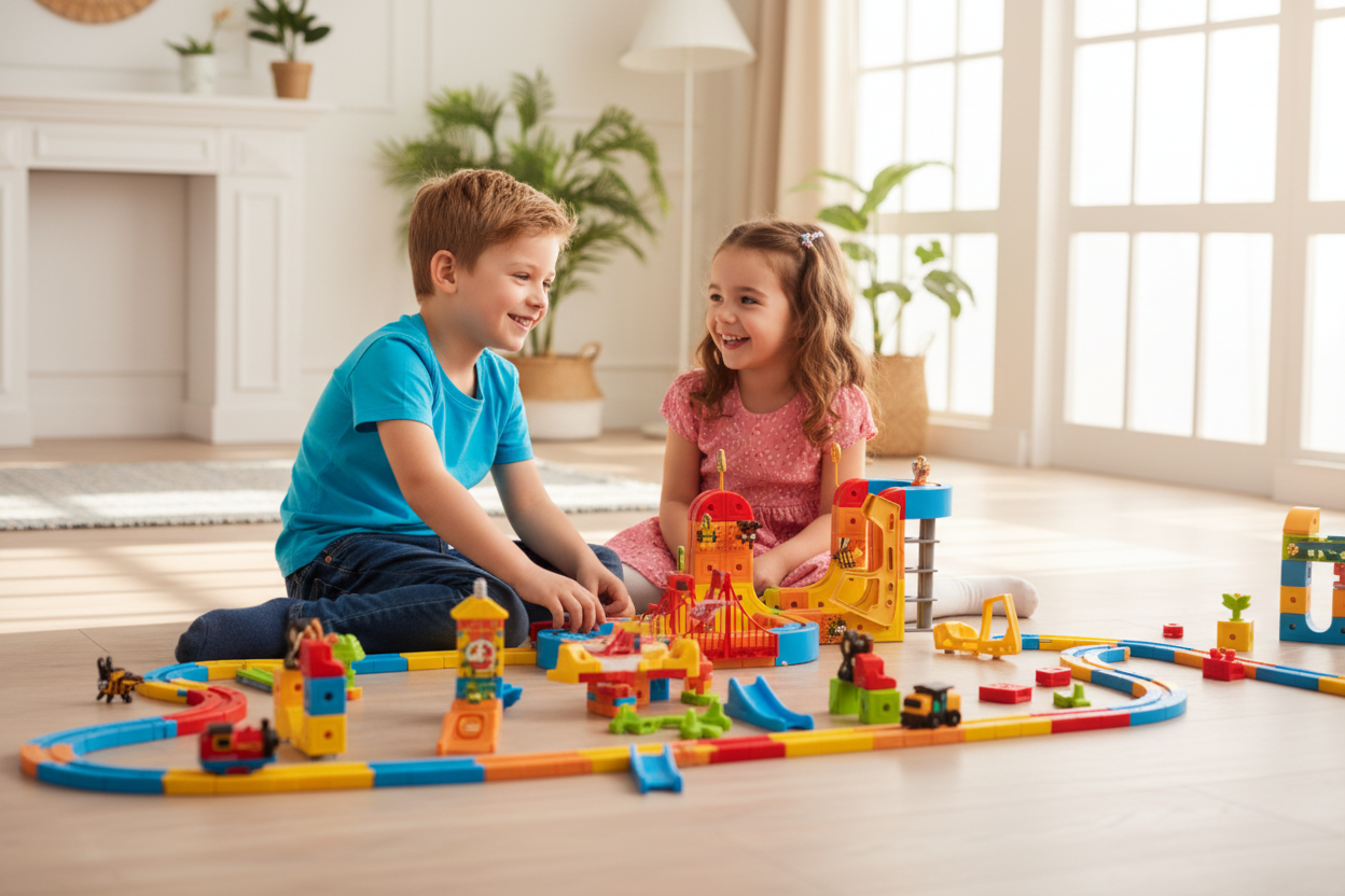 Kinder spielen mit Magnetwelt Abenteuerbahn