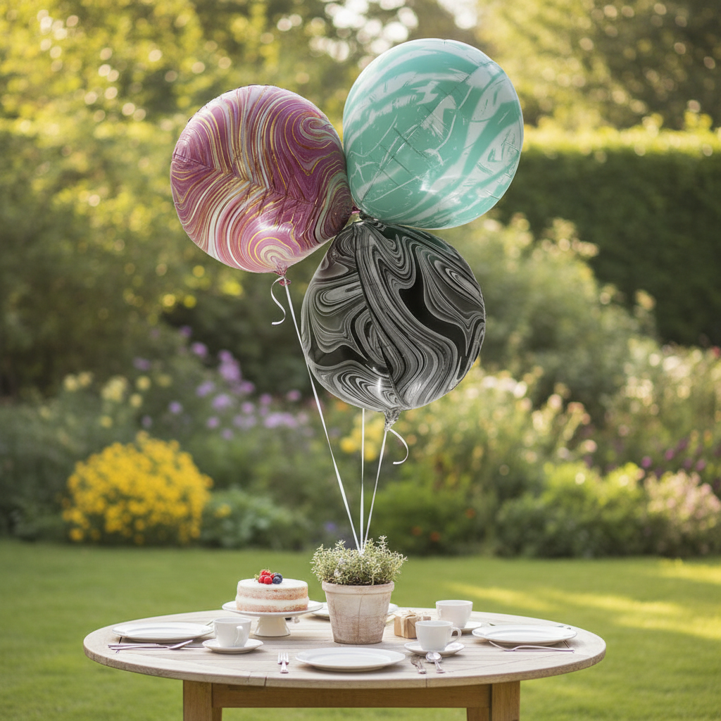 Marmor-Folienballons an Schnur über Gartentisch