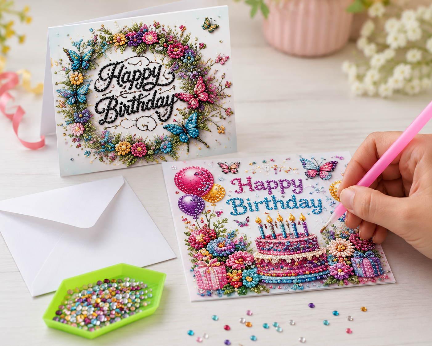 Hand gestaltet eine Diamond Painting Geburtstagskarte mit Glitzersteinen und Zubehör